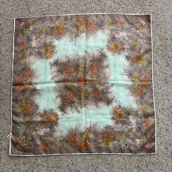 VTG Hand Printed Square Scarf Made in Japan Abstract Marbled Swirl Brown Green - Picture 6 of 7